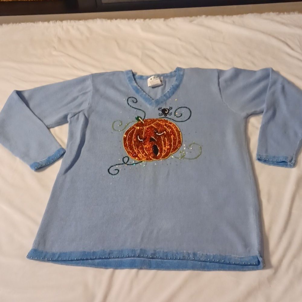 Vintage Quaker Factory Sequin PowerBlue V Neck Pumpkin Long Sleeve Sweater L